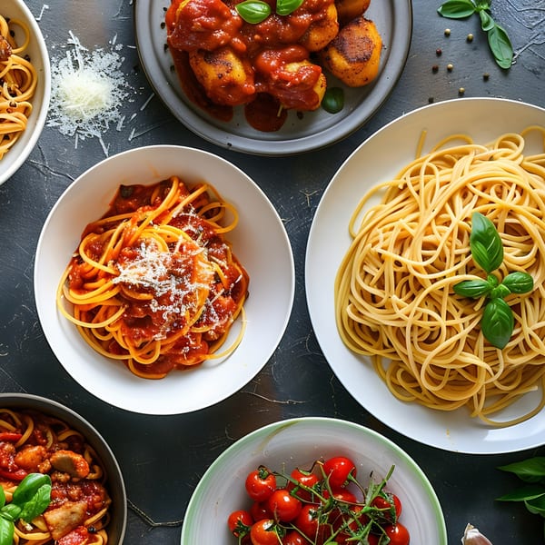 Overhead view of various Italian pasta dishes, including spaghetti with red sauce and plain noodles.